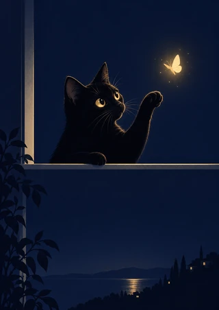 Black cat reaching one raised paw toward a glowing moth on a window sill, with an indigo night landscape and leafy silhouettes beyond.