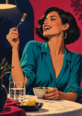 Editorial illustration of a laughing woman in a teal blouse holding an olive on a fork, with a bowl of olives, sparkling water, and citrus.