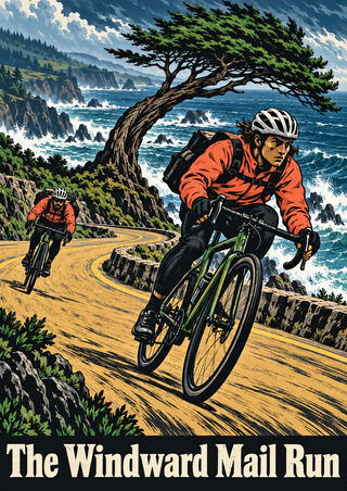 Two helmeted cyclists in coral jackets race along an ochre coastal road above the sea beneath an arched wind-bent tree; cream title at bottom.