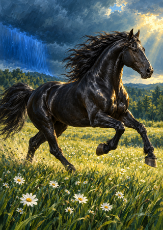 Black horse with streaming mane in a flowered meadow, lit by golden sunlight beneath storm clouds beside a vivid blue rain curtain.