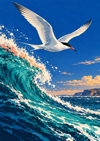 White tern with dark cap and reddish beak gliding above a curling turquoise wave, with cobalt sky, foam, clouds, and distant cliffs.