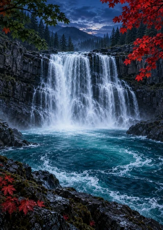 Broad waterfall spilling over a rocky ledge into a turquoise pool, framed by scarlet and green foliage at blue hour.