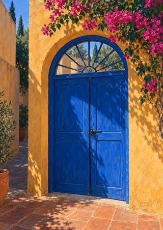 Vivid blue arched double gate with a fan-shaped glass transom in an ochre courtyard framed by bougainvillea.