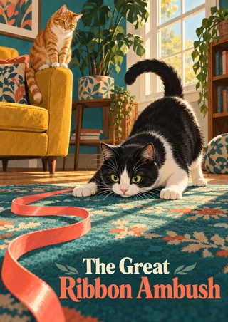 Black-and-white cat crouched over a coral ribbon on a teal rug as a ginger cat watches from a saffron chair; title lettering sits below.