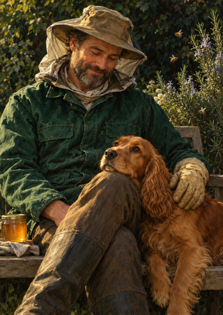 Beekeeper in a green jacket and veiled hat gently touching a honey-colored spaniel beside a honey jar and flowers.