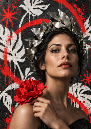 Adult woman with a sculptural silver leaf-like headpiece holds a red flower against a charcoal background with white foliage stencils and crimson marks.