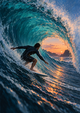 A lone surfer on a pale board inside a curling teal wave, with white spray, a peach sunset opening and distant rocky headland.