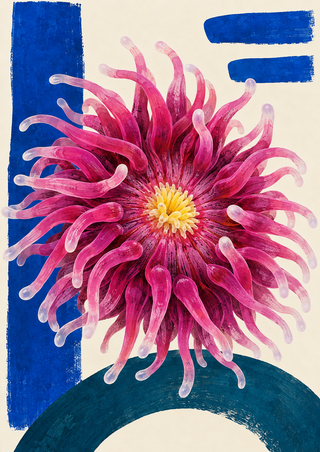 Large magenta sea-anemone-like form with curling tentacles and a yellow center over cobalt bars and a deep teal arc.
