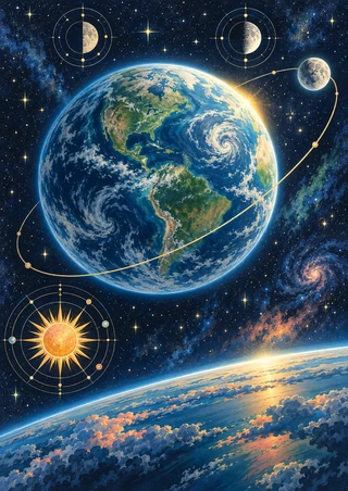 Blue-green Earth-like globe with swirling clouds, a gold orbit, small moon, decorative diagrams, starfield, and bright curved horizon.