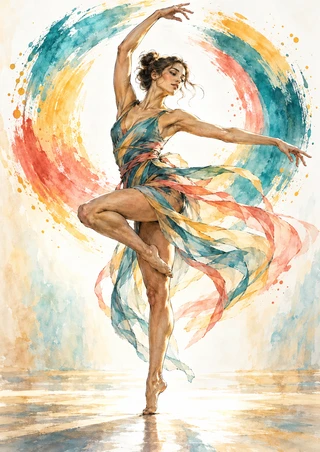 Adult dancer balancing on one foot with a raised bent leg and sweeping arms, surrounded by flowing translucent ribbons and circular teal, coral, and gold brush marks.