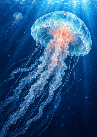Large translucent jellyfish with a pinkish center and flowing tentacles in dark blue water, with a smaller jellyfish and light rays.