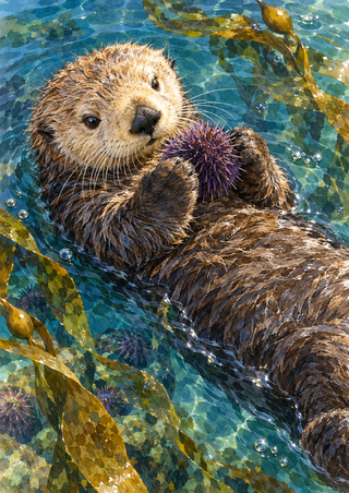 A brown sea otter floats in blue-green water holding a purple spiny sea urchin, with kelp and bubbles around it.