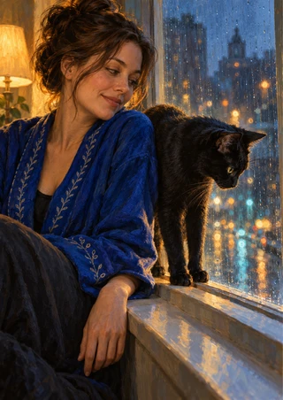 A woman in a blue robe sits beside a black cat on a windowsill before a rain-streaked window and blurred city lights.