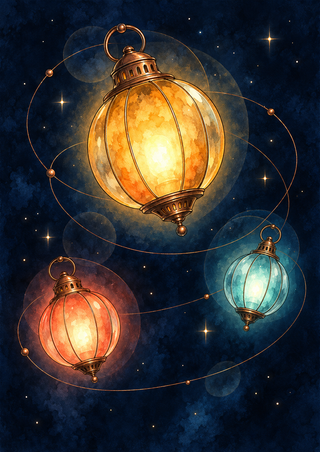 Three glowing amber, coral, and icy-teal lantern-like vessels float amid copper orbital loops and star-like points on indigo.