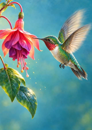 Emerald hummingbird with blurred wings hovering beside a pendant coral-fuchsia flower and glossy leaves against a blue-green background.
