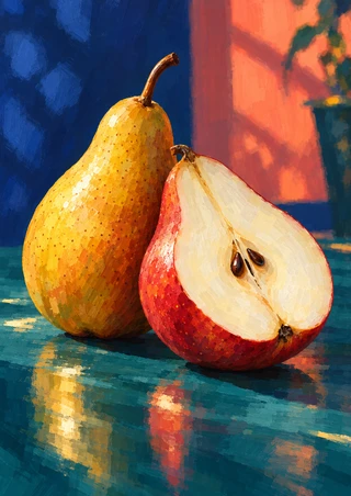 Whole golden pear behind a cut red-skinned pear with pale flesh and dark seeds on a reflective teal tabletop.