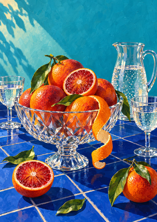 Faceted glass bowl piled with blood oranges, leaves and curling orange peel, flanked by a pitcher and two stemmed glasses on a cobalt table.