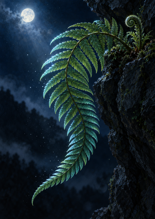 An arching fern frond with teal-lit leaflets and a curled fiddlehead sweeps from a dark rocky ledge beneath a bright moon.