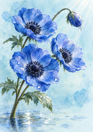 Three blue anemone-like flowers and a curved bud beaded with raindrops rise above a reflective pool.