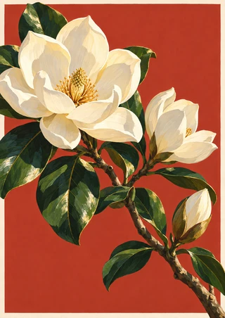 Two ivory magnolia blossoms, a closed bud, and dark-green leaves on a rising branch against a terracotta-red background.