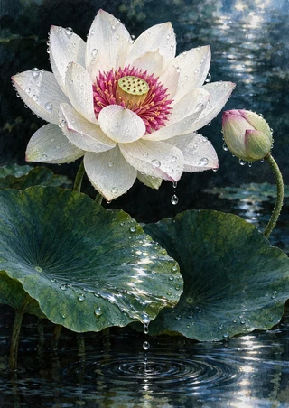 Open white water lily with magenta center, right-side bud, wet round leaves, falling droplet, and ripple on dark pond water.