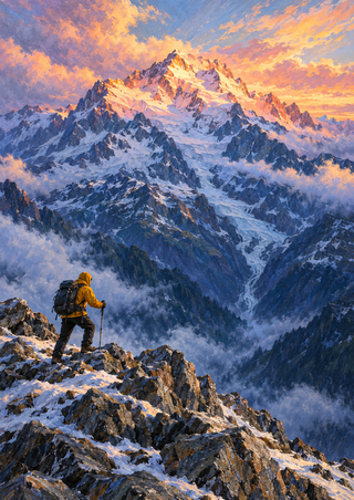 Small climber in a saffron jacket stands on a rocky ridge above a deep blue ravine beneath a snow-covered mountain and warm dawn clouds.