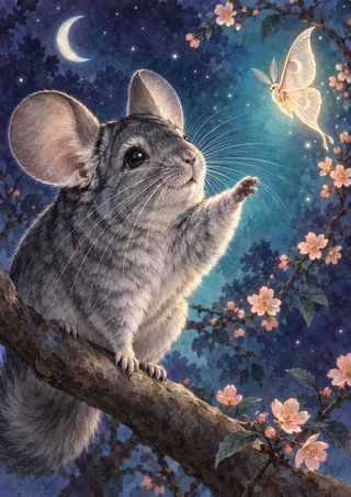 Gray chinchilla reaches from a branch toward a glowing moth beneath a crescent moon, with blossoms and stars in a blue night sky.