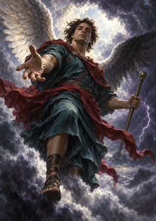 Clothed winged figure with a short staff descends through storm clouds, with distant lightning at right.
