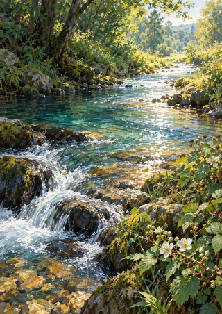 A turquoise woodland brook cascades over dark rocks beneath leafy trees, with white blossoms along the sunlit bank.