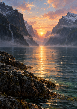 Small seabird skimming above golden sunrise reflections in a mountain fjord, with dark foreground rocks.