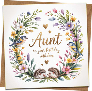 Aunt Birthday Card – Floral Wreath with Birds & Hedgehogs, ‘On Your Birthday With Love’ – 145mm x 145mm Square Greeting Card with Kraft Envelope