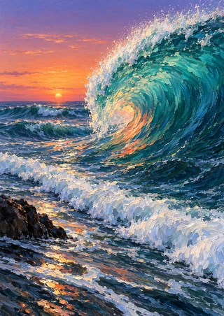 A large turquoise wave curls over foamy surf beside a small dark rock, beneath an orange-pink sunset sky.