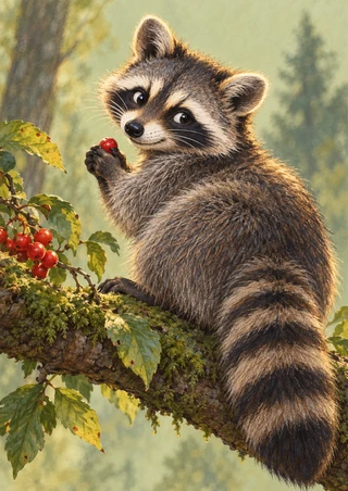 A raccoon looks back while holding a red berry on a mossy branch amid leaves and berries.