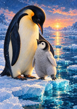 Large adult emperor penguin bows its head toward a fluffy gray chick on a snowy floe beside blue water and an orange-pink sunset.