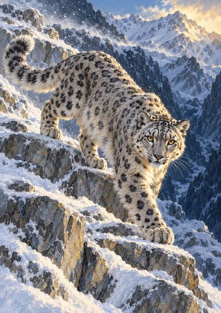 Snow leopard stepping down snowy rock ledges above a deep blue alpine ravine.