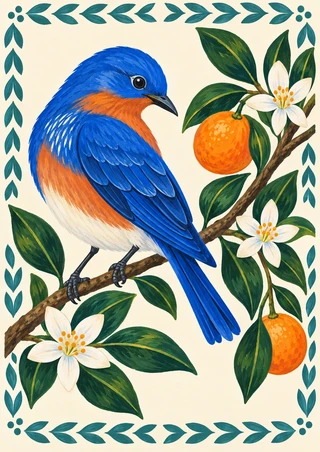 Blue-and-orange bird perched on a diagonal branch beside oranges, green leaves, and white blossoms, surrounded by a teal leaf border.