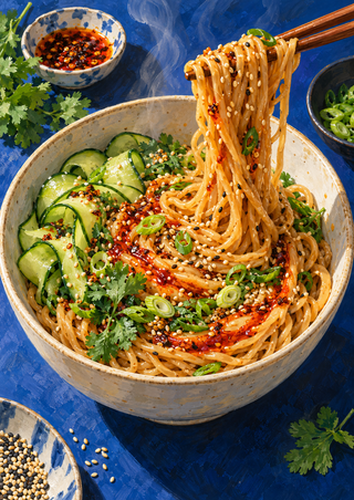 Ivory bowl of sesame noodles topped with cucumber, scallions, sesame seeds, herbs, and chili oil, with chopsticks lifting noodles against a cobalt tabletop.