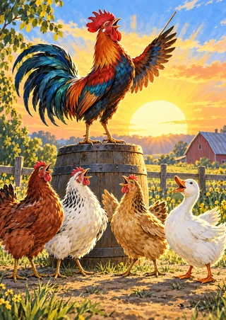 Colorful rooster standing on a rain barrel with one wing raised above three hens and a white duck in a sunlit farmyard.