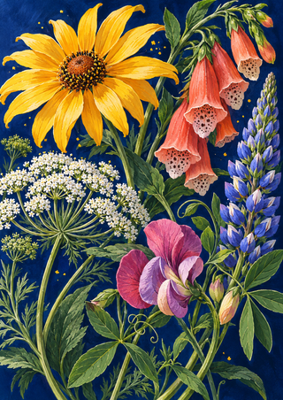 Five colorful flower forms with crossing stems and foliage against a deep blue background.