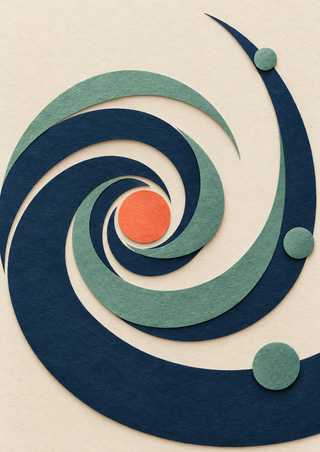 Midnight-blue and sea-glass-green curved bands spiral around a coral disk on a warm sand background.