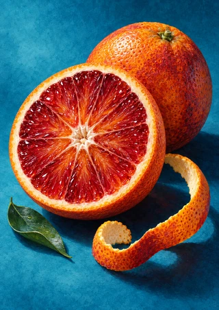 Whole blood orange behind a cut half with ruby-red segments, a green leaf, and curling peel on teal.