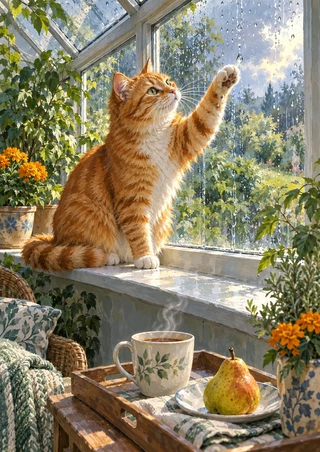 An orange tabby sits on a conservatory sill and raises a paw toward a droplet on rainy glass, above a tray with a cup and pear.