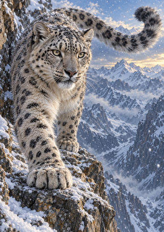 Forward-facing snow leopard with dark rosettes and curled tail standing on snowy rocks before distant alpine peaks.