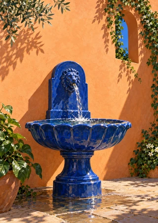 Cobalt-blue ceramic fountain with a lion-mask spout in a sunlit courtyard against an apricot wall and leafy arch.