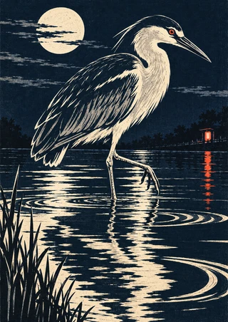 Pale heron standing in indigo canal water beneath a full moon, with foreground reeds and a distant red-orange lantern.