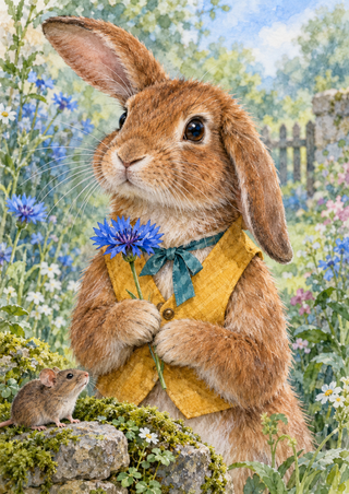 Chestnut lop-eared rabbit in a saffron waistcoat holding a blue cornflower, with a small mouse on a mossy stone in a garden.