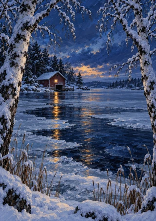Small red boathouse with a glowing amber window beside a frozen inlet, framed by snow-covered birches and fractured ice.