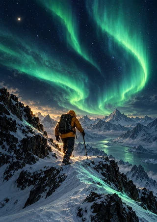 A lone backpacked explorer in an amber parka crosses a snowy mountain ridge beneath a vivid green aurora and deep navy sky.