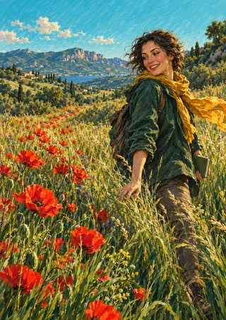 A smiling woman in a green jacket and saffron scarf turns among tall grass and red poppies beneath a turquoise sky, holding a notebook.