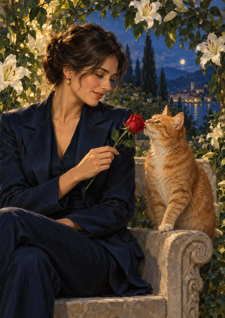 A seated adult in a dark blue suit offers a red rose to a ginger cat on a stone bench in a nighttime garden.